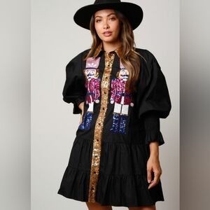 Black Long Sleeve Dress with Sequin Nutcracker Design